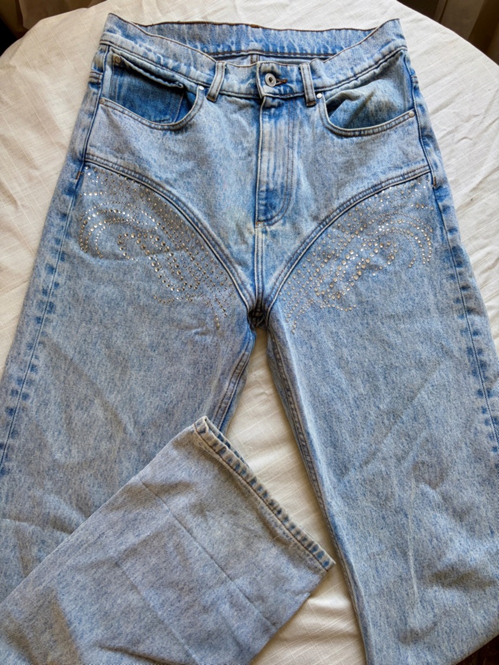 Y/Project Unisex Wide-Leg Tall Denim Rhinestone Light Blue Jeans with Pockets